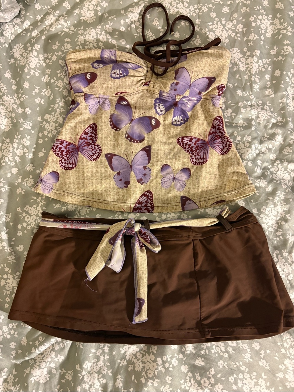 Isaac Mizrahi Brown Swim Skirt with Butterfly Print Tankini Top